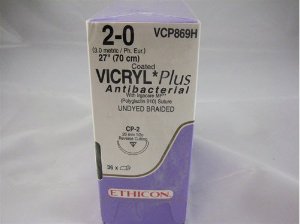 Absorbable Antibacterial Suture with Needle Coated Vicryl Plus Polyglactin 910 CP-2 1/2 Circle Reverse Cutting Needle Size 2-0 Braided 