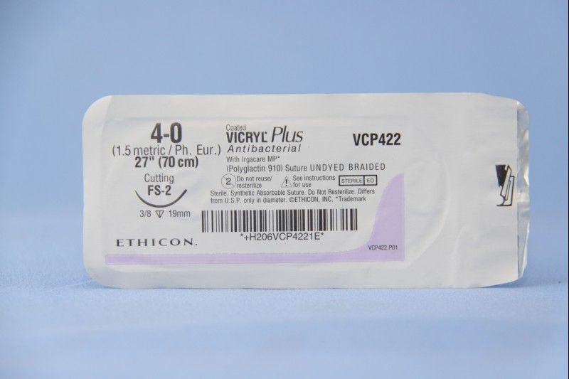 Absorbable Antibacterial Suture with Needle Coated Vicryl Plus Polyglactin 910 FS-2 3/8 Circle Reverse Cutting Needle Size 4-0 Braided (Box of 36)