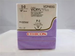 Absorbable Antibacterial Suture with Needle Coated Vicryl Plus Polyglactin 910 P-3 3/8 Circle Precision Reverse Cutting Needle Size 5-0 Braided (Box of 12)