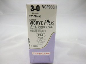 Absorbable Antibacterial Suture with Needle Coated Vicryl Plus Polyglactin 910 PS-1 3/8 Circle Reverse Cutting Needle Size 3-0 Braided 
