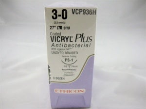 Absorbable Antibacterial Suture with Needle Coated Vicryl Plus Polyglactin 910 PS-1 3/8 Circle Reverse Cutting Needle Size 3-0 Braided (Box of 36)