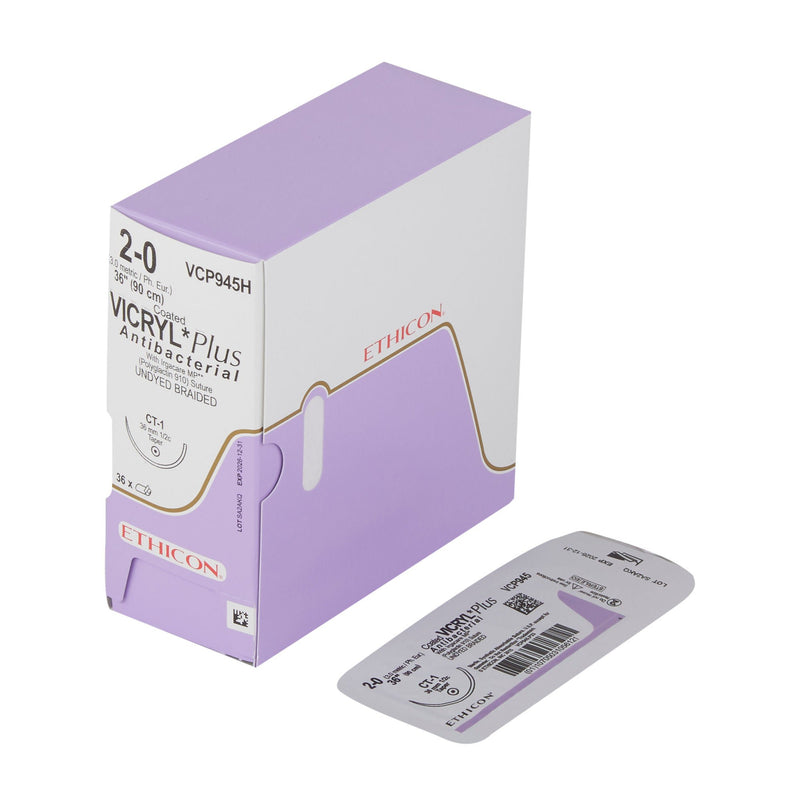 Absorbable Antibacterial Suture with Needle Coated Vicryl Plus Polyglactin 910 CT-1 1/2 Circle Taper Point Needle Size 2-0 Braided (Box of 36)