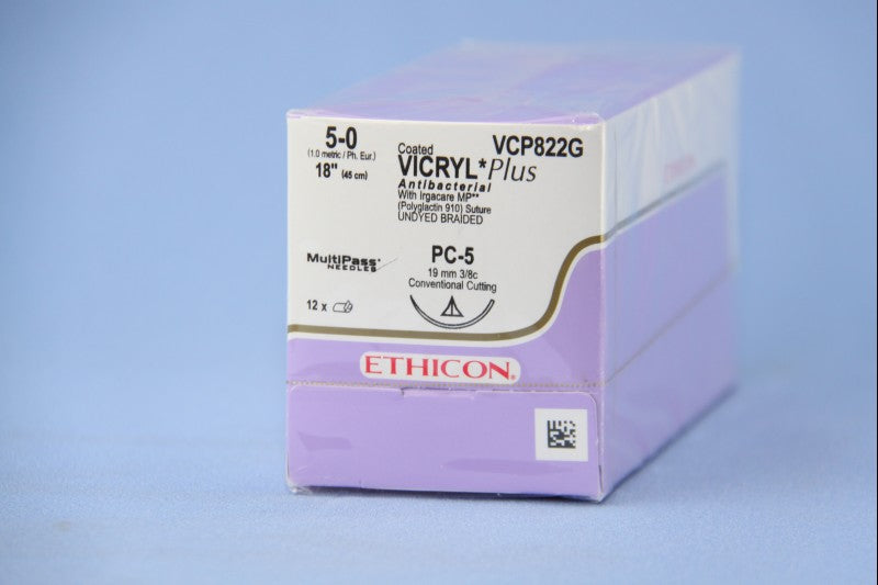 Absorbable Antibacterial Suture with Needle Coated Vicryl Plus Polyglactin 910 PC-5 3/8 Circle Precision Conventional Cutting Needle Size 5-0 Braided 