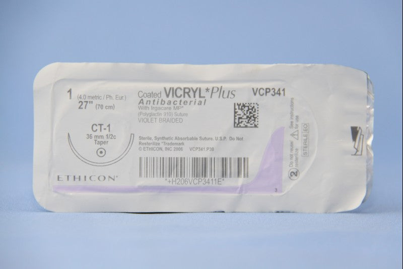 Absorbable Antibacterial Suture with Needle Coated Vicryl Plus Polyglactin 910 CT-1 1/2 Circle Taper Point Needle Size 1 Braided 