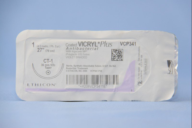Absorbable Antibacterial Suture with Needle Coated Vicryl Plus Polyglactin 910 CT-1 1/2 Circle Taper Point Needle Size 1 Braided 