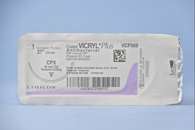 Absorbable Antibacterial Suture with Needle Coated Vicryl Plus Polyglactin 910 CPX 1/2 Circle Reverse Cutting Needle Size 1 Braided (Box of 36)