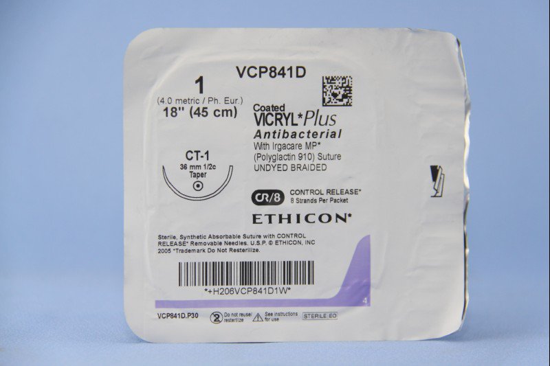 Absorbable Antibacterial Suture with Needle Coated Vicryl Plus Polyglactin 910 CT-1 1/2 Circle Taper Point Needle Size 1 Braided 