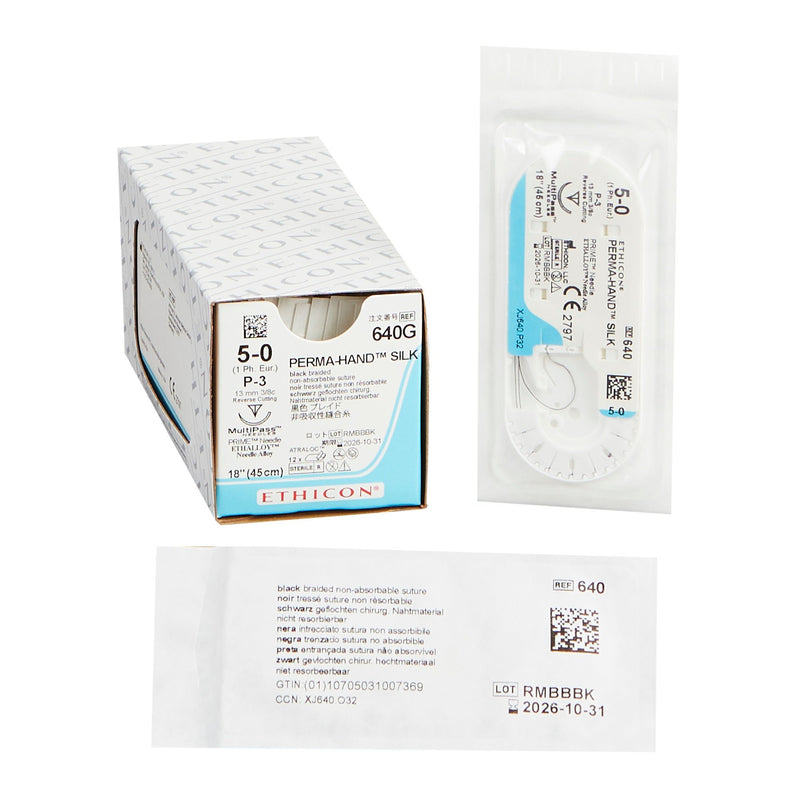 Nonabsorbable Suture with Needle Perma-Hand Silk P-3 3/8 Circle Precision Reverse Cutting Needle Size 5-0 Braided 