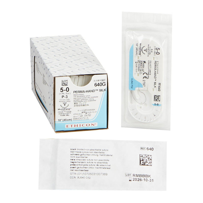 Nonabsorbable Suture with Needle Perma-Hand Silk P-3 3/8 Circle Precision Reverse Cutting Needle Size 5-0 Braided 