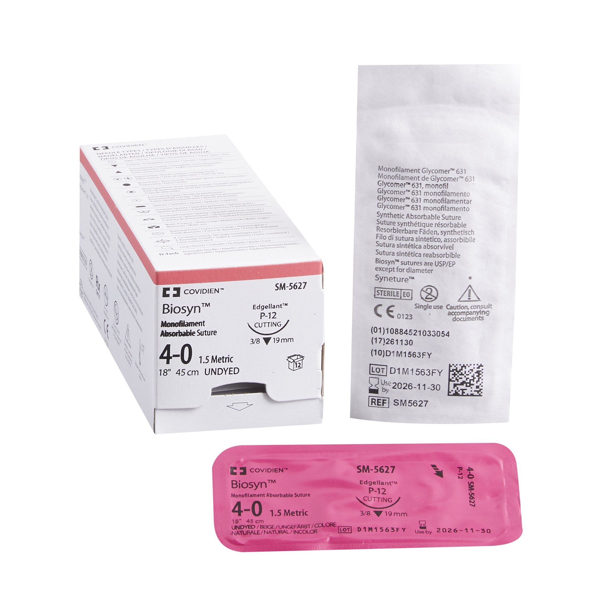 Absorbable Suture with Needle Biosyn Polyester P-12 3/8 Circle Precision Reverse Cutting Needle Size 4-0 Monofilament 