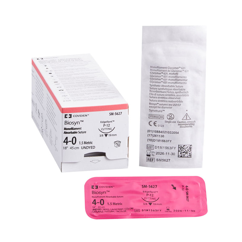 Absorbable Suture with Needle Biosyn Polyester P-12 3/8 Circle Precision Reverse Cutting Needle Size 4-0 Monofilament