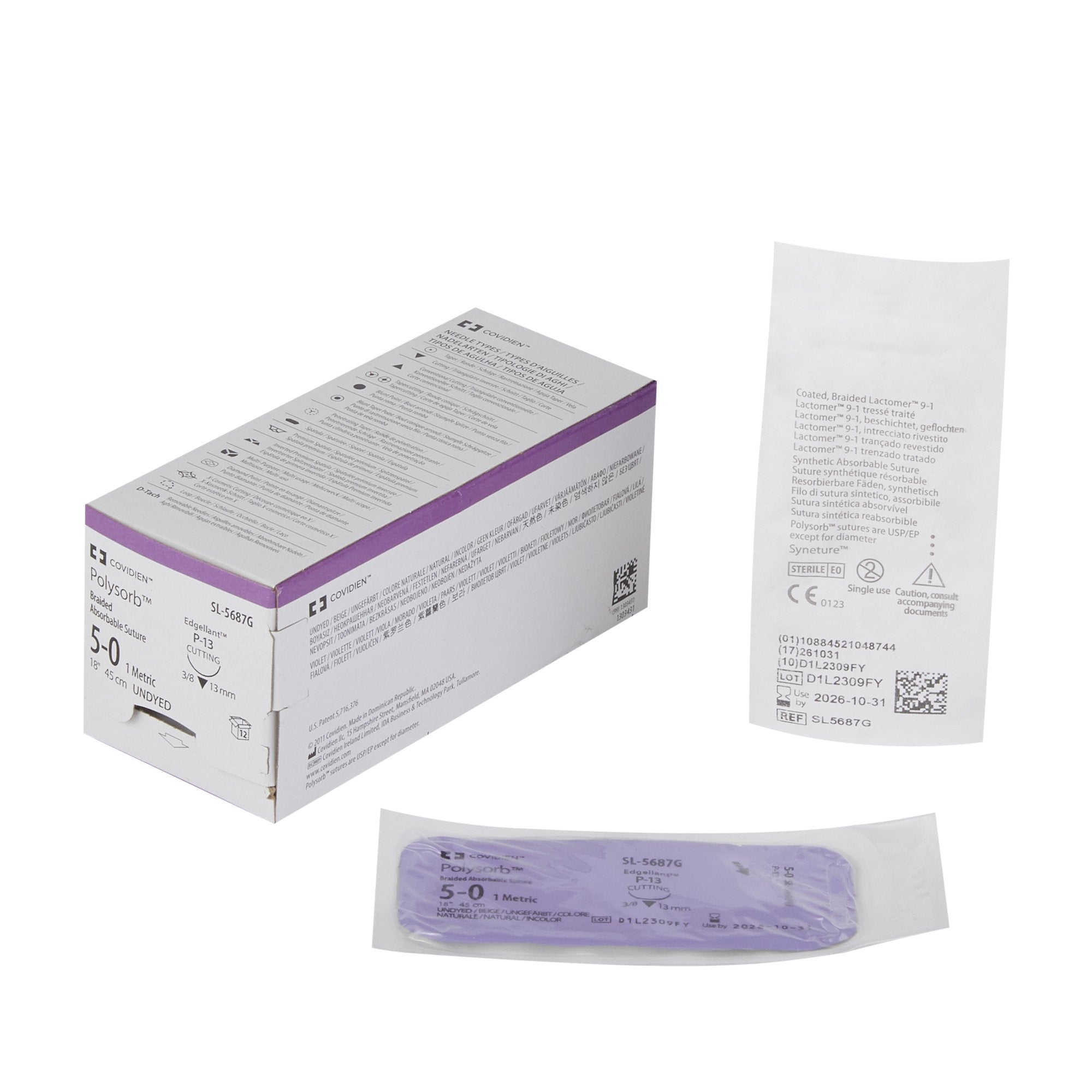 Absorbable Suture with Needle Polysorb Polyester P-13 3/8 Circle Precision Reverse Cutting Needle Size 5-0 Braided 