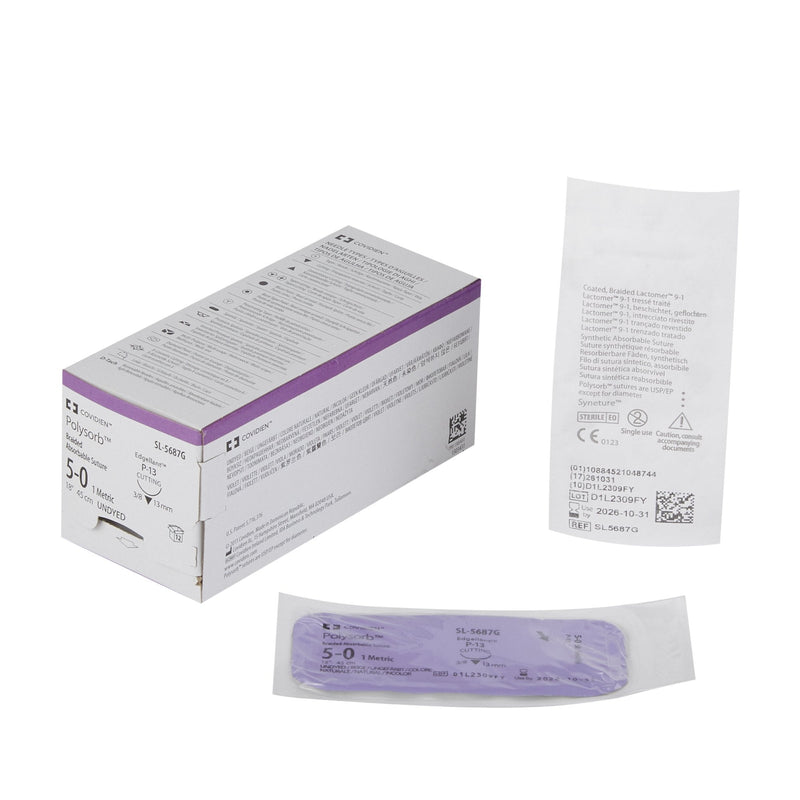Absorbable Suture with Needle Polysorb Polyester P-13 3/8 Circle Precision Reverse Cutting Needle Size 5-0 Braided 