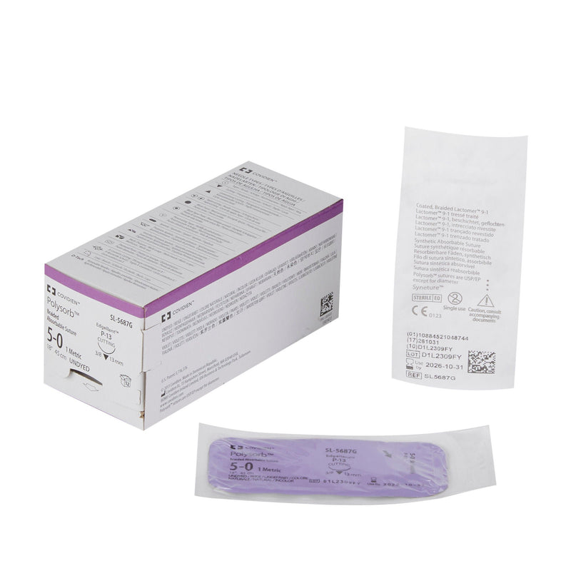 Absorbable Suture with Needle Polysorb Polyester P-13 3/8 Circle Precision Reverse Cutting Needle Size 5-0 Braided
