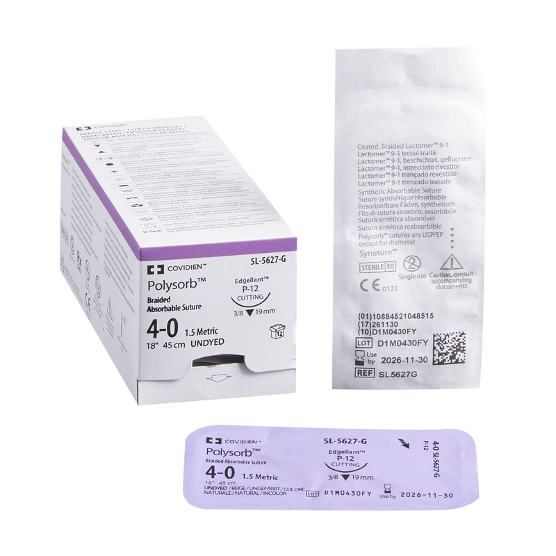 Absorbable Suture with Needle Polysorb Polyester P-12 3/8 Circle Precision Reverse Cutting Needle Size 4-0 Braided 