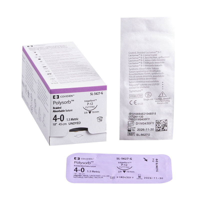 Absorbable Suture with Needle Polysorb Polyester P-12 3/8 Circle Precision Reverse Cutting Needle Size 4-0 Braided
