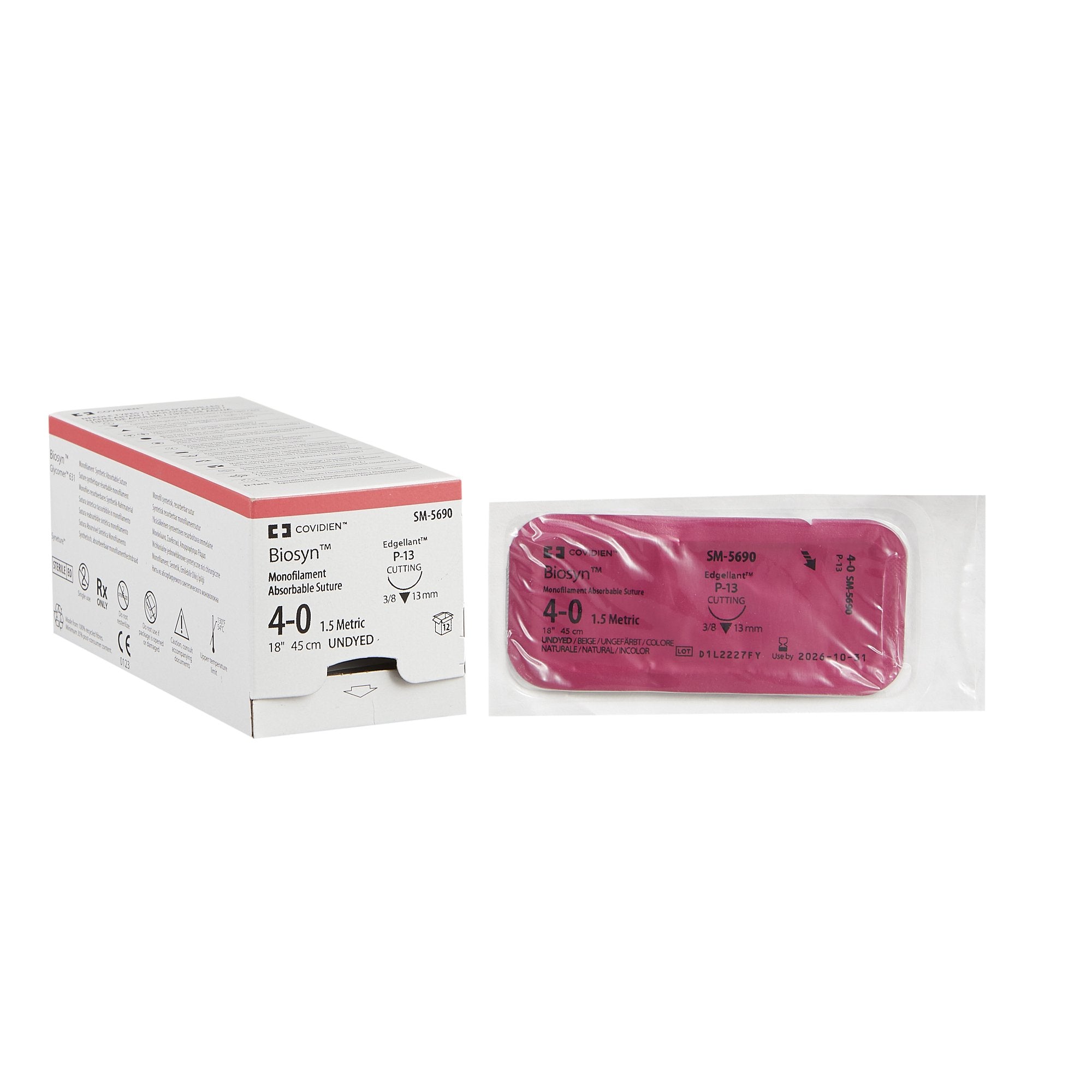 Absorbable Suture with Needle Biosyn Polyester P-13 3/8 Circle Precision Reverse Cutting Needle Size 4-0 Monofilament 