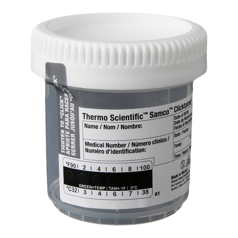 Specimen Container with Temperature Strip Samco Clicktainer 53 mm Opening 90 mL (3 oz.) Screw Cap Patient Information NonSterile (300/CS) 