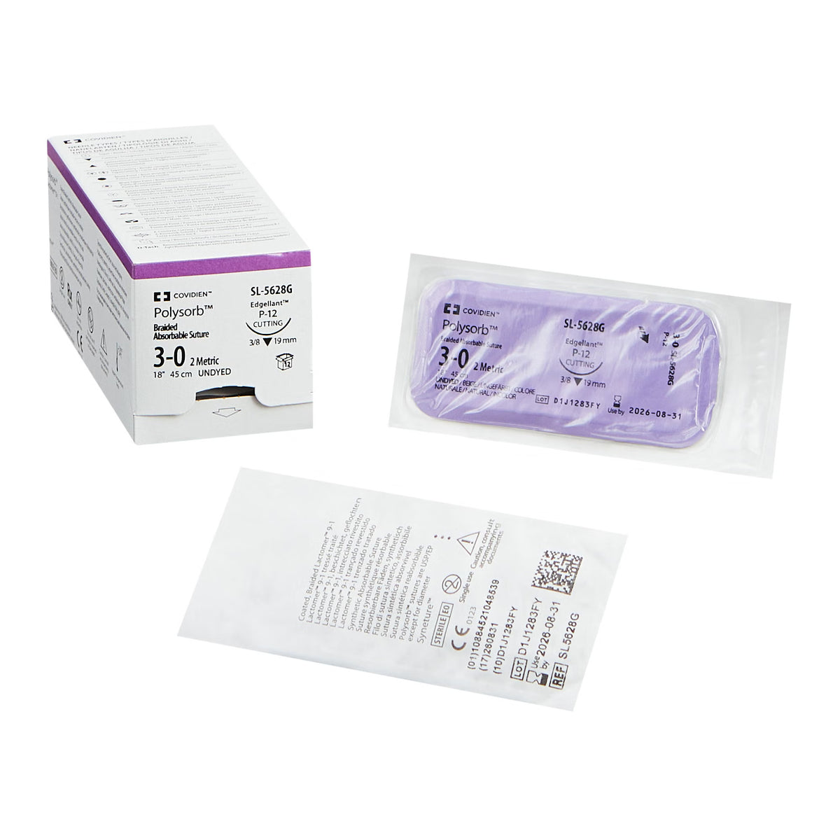 Absorbable Suture with Needle Polysorb Polyester P-12 3/8 Circle Precision Reverse Cutting Needle Size 3-0 Braided