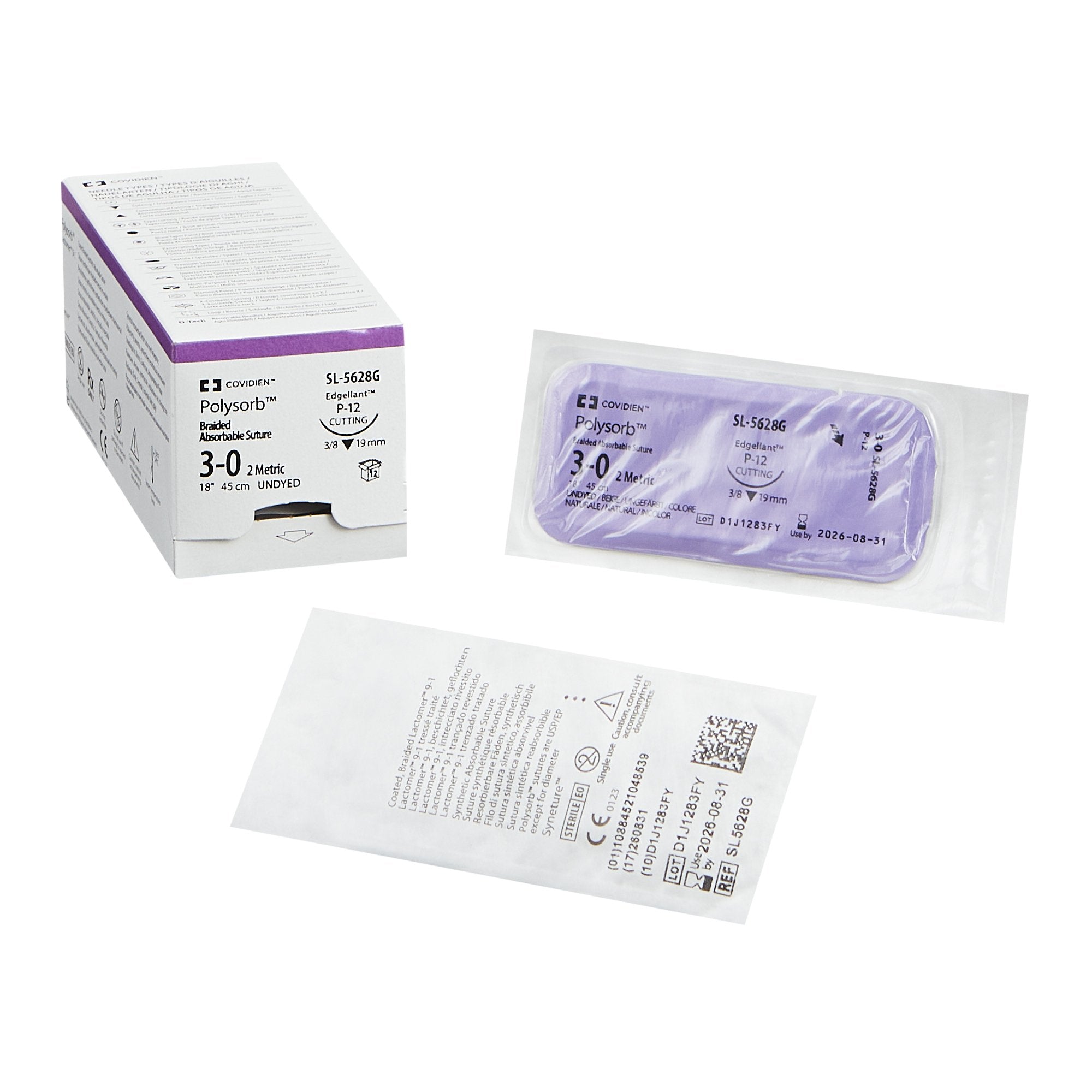 Absorbable Suture with Needle Polysorb Polyester P-12 3/8 Circle Precision Reverse Cutting Needle Size 3-0 Braided 