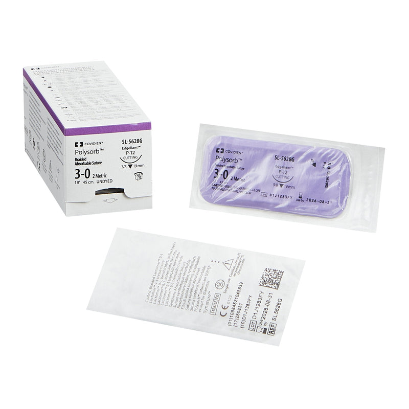 Absorbable Suture with Needle Polysorb Polyester P-12 3/8 Circle Precision Reverse Cutting Needle Size 3-0 Braided 