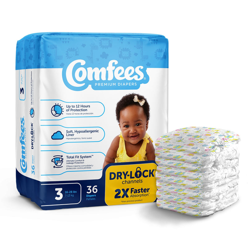 Attends Comfees Premium Diapers, Unisex, Baby, Tab Closure, Size 3 (Case of 144)