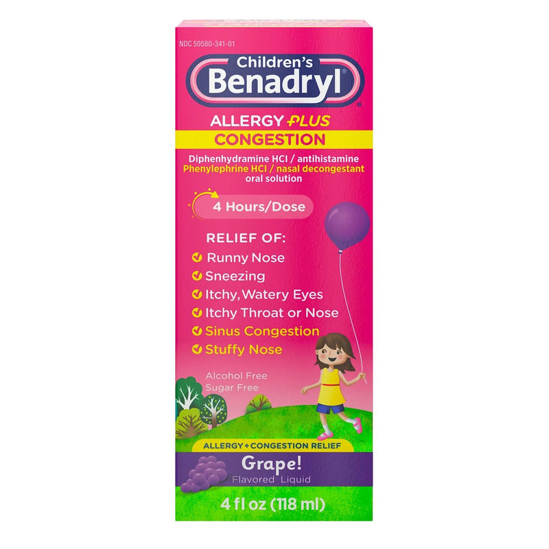 Benadryl Children's Allergy Plus Congestion Liquid Grape Flavor, 4 ounces (Each)