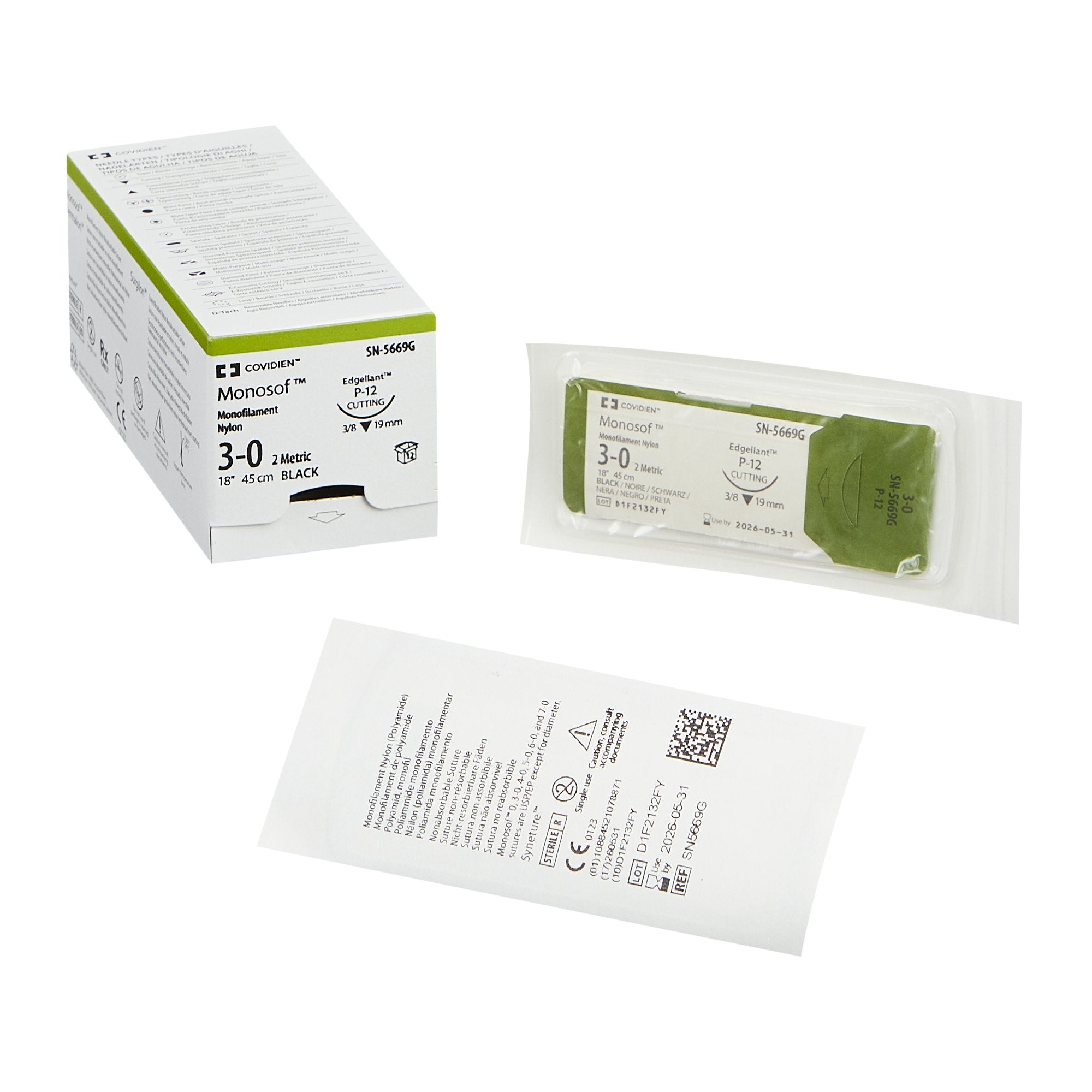 Nonabsorbable Suture with Needle Monosof Nylon P-12 3/8 Circle Precision Reverse Cutting Needle Size 3-0 Monofilament 