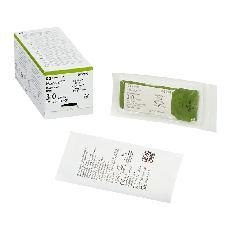 Nonabsorbable Suture with Needle Monosof Nylon P-12 3/8 Circle Precision Reverse Cutting Needle Size 3-0 Monofilament