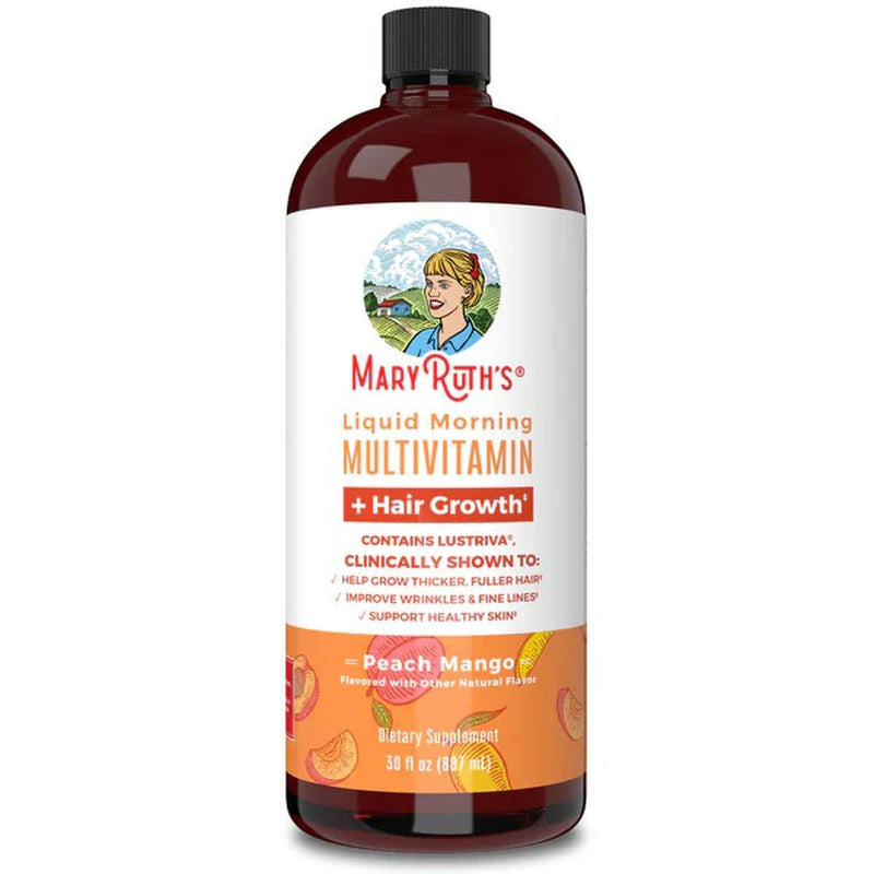 Multivitamin Supplement Mary Ruth's Liquid Morning Multivitamin + Hair Growth Vitamin A / C / D / E 1,010 mcg - 90 mg - 20 mcg - 18 mg Strength Liquid 30 oz. Peach Mango Flavor (Case of 6) 