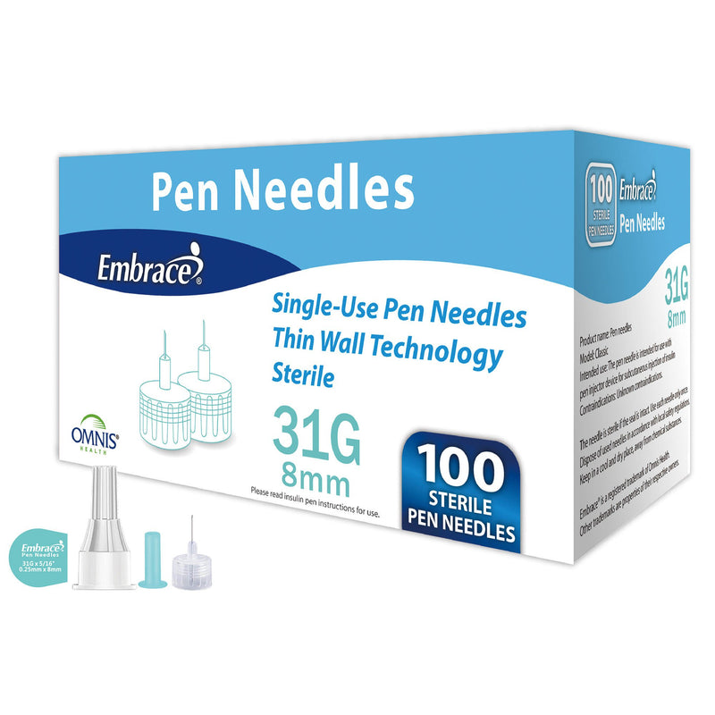 Safety Insulin Pen Needle Embrace 31 Gauge 8 mm Length Manual Safety (Case of 2000)