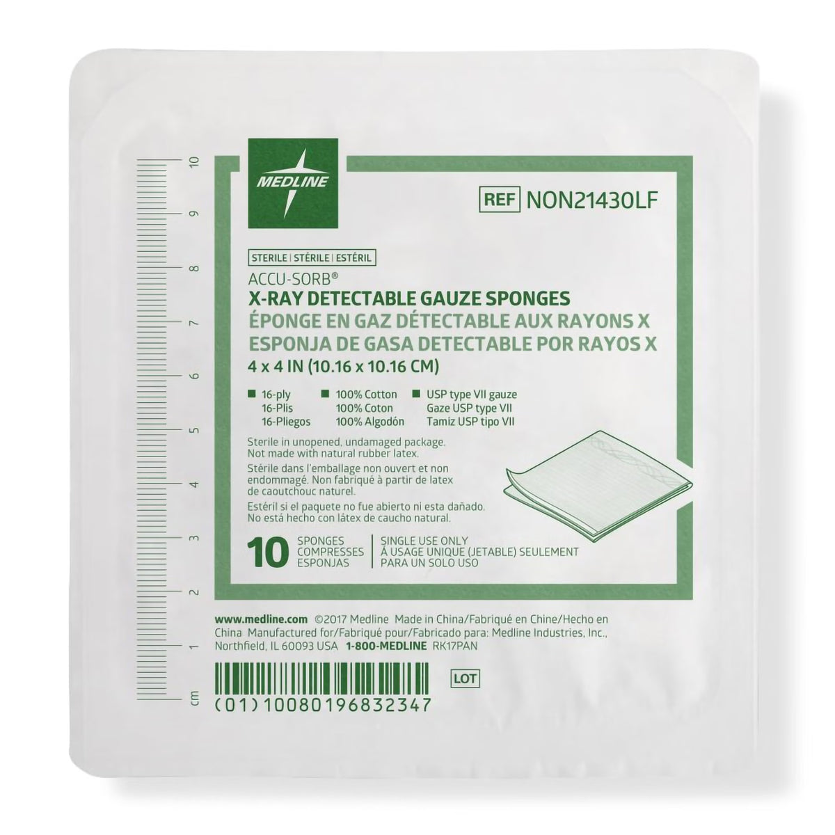 Gauze Sponge Medline 4 X 4 Inch 16-Ply Sterile X-Ray Detectable 10 per Tray (Case of 1280)