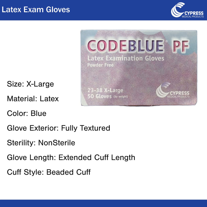 CodeBlue PF Latex Extended Cuff Length Exam Glove, Extra Large, Blue