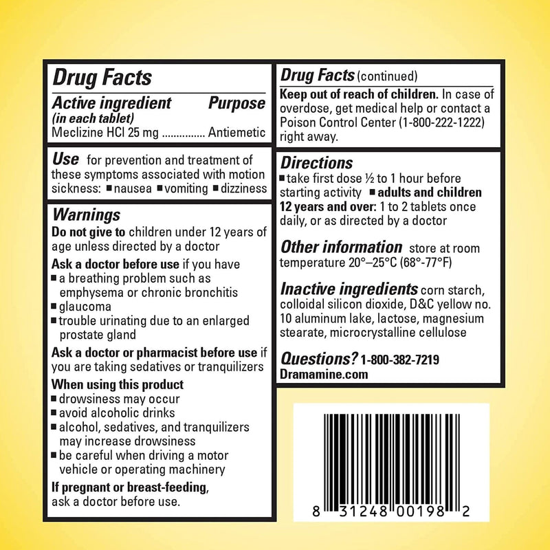 Dramamine Motion Sickness Meclizine Antiemetic Less Drowsy Tablets (8/BX) 