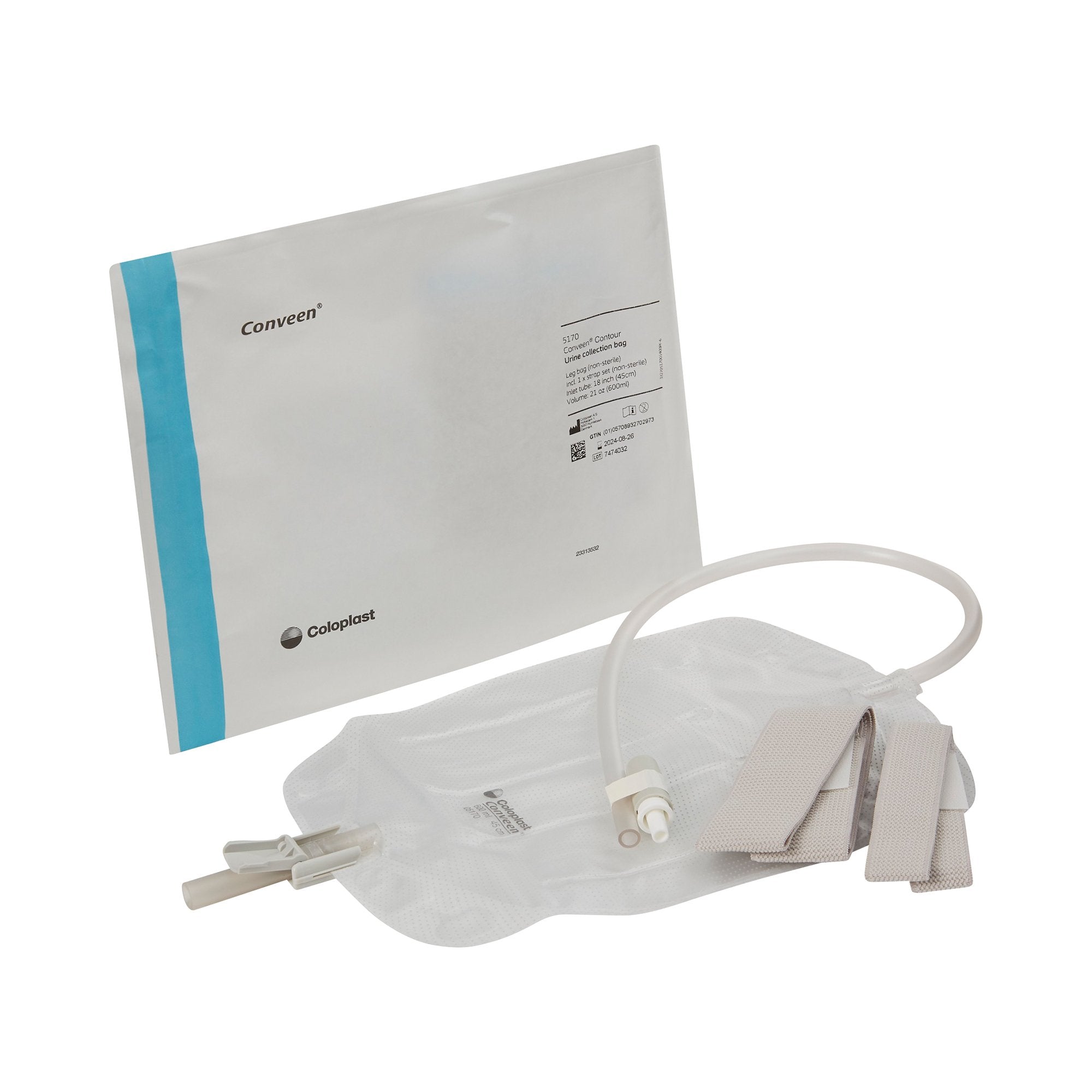 Coloplast Conveen Contour Urinary Leg Bag: Anti-Reflux Valve, Polyethylene/Flocked, 600mL (10/BX) 