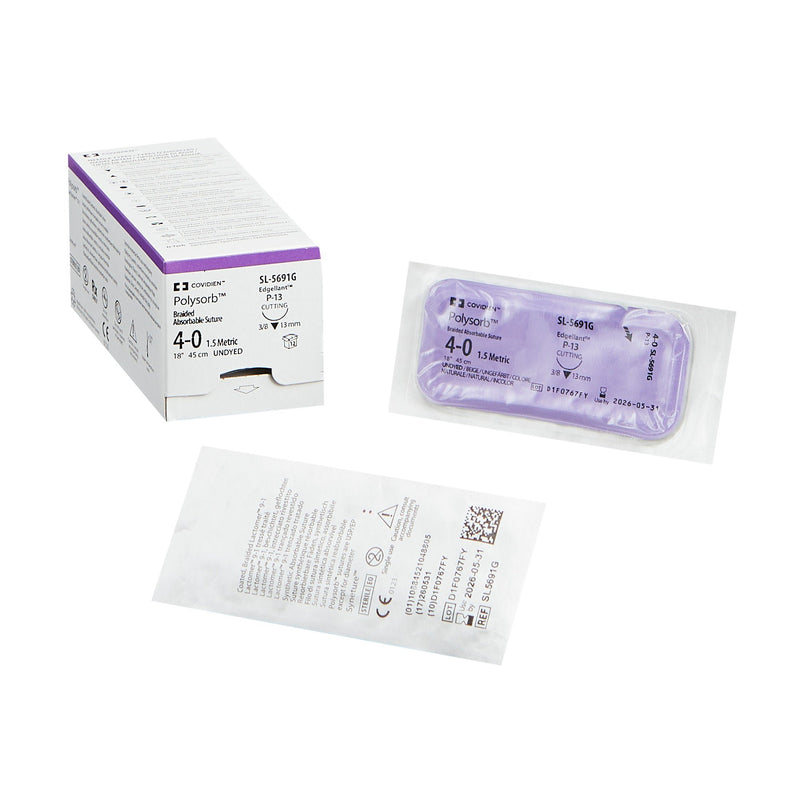 Absorbable Suture with Needle Polysorb Polyester P-13 3/8 Circle Precision Reverse Cutting Needle Size 4-0 Braided
