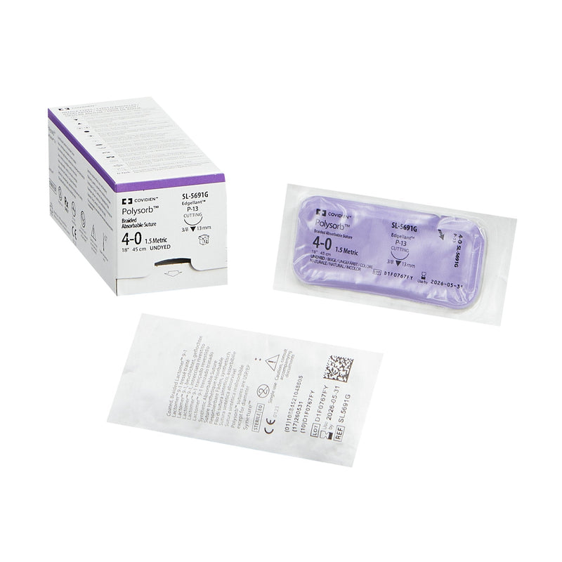 Absorbable Suture with Needle Polysorb Polyester P-13 3/8 Circle Precision Reverse Cutting Needle Size 4-0 Braided 