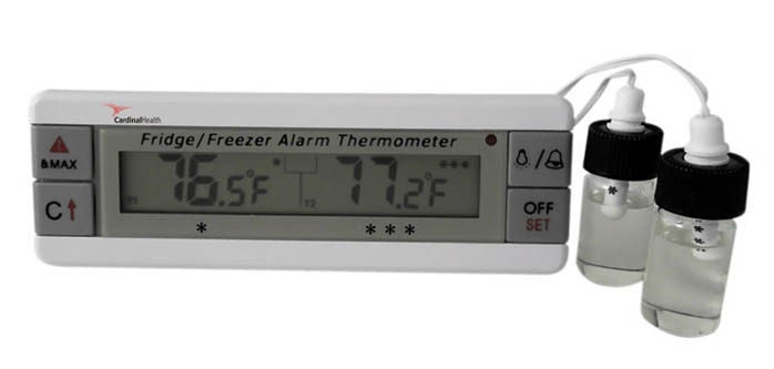 Digital Refrigerator / Freezer Thermometer with Alarm Cardinal Health Fahrenheit / Celsius -40° to +158°F (-40° to +70°C) 2 Bottle Probes Flip-out Stand / Wall Mount Battery Operated (Each)