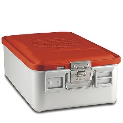 SklarLite Sterilization Container - Mid-Size, Standard Lid, Non-Perforated Bottom, 18-1/4" x 11" x 6", Red - 10-4398 