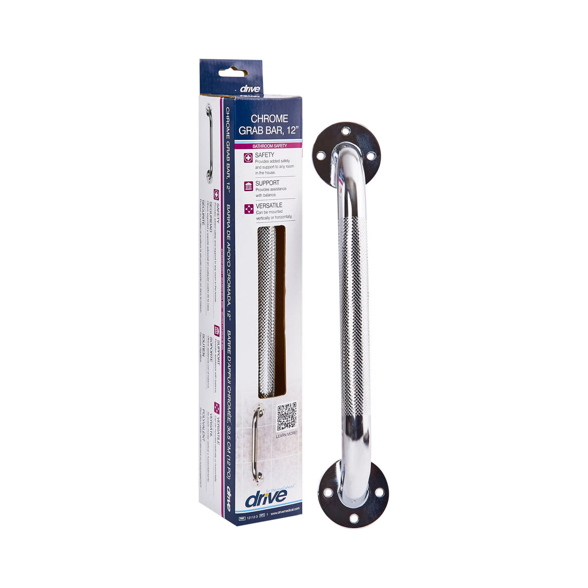 drive Chrome Knurled Grab Bar, 12 Inch (Box of 3)