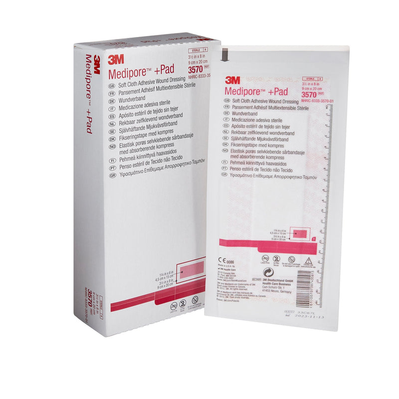 Solventum Corporation 3M Medipore + Pad Soft Cloth Adhesive Dressing, 3.5 x 8 Inch (100/CS) 