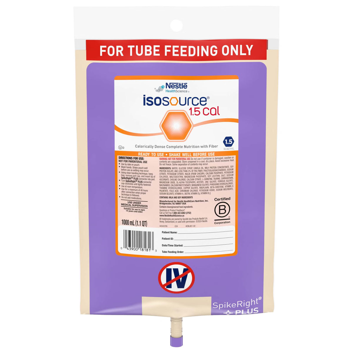 Isosource 1.5 Cal Tube Feeding Formula, 33.8 oz. Bag (Case of 6)