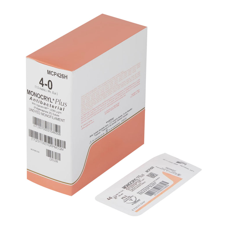 Absorbable Antibacterial Suture with Needle Monocryl Plus Poliglecaprone 25 with Irgacare MP Antibacterial Suture PS-2 3/8 Circle Precision Reverse Cutting Needle Size 4-0 Monofilament (Box of 36)