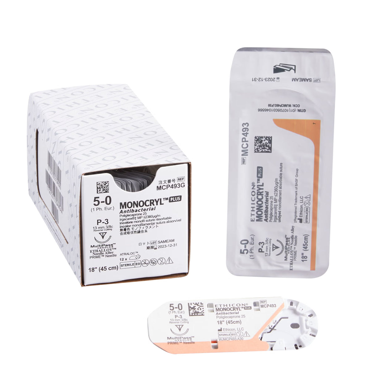 Absorbable Antibacterial Suture with Needle Monocryl Plus Poliglecaprone 25 with Irgacare MP Antibacterial Suture P-3 3/8 Circle Precision Reverse Cutting Needle Size 5-0 Monofilament (Box of 12)