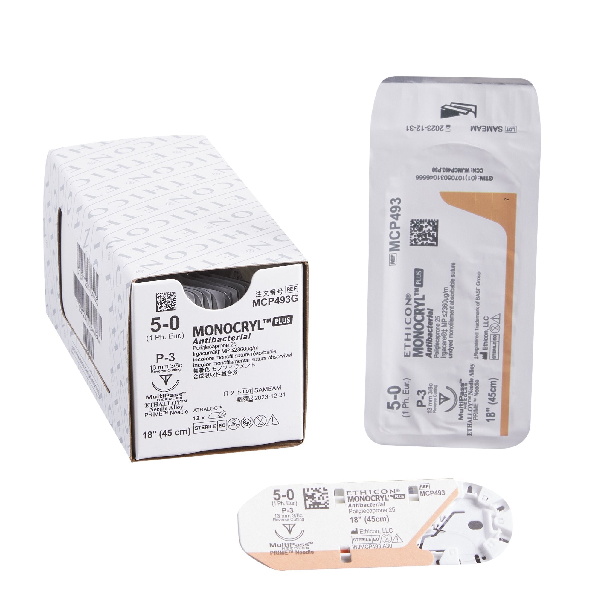 Absorbable Antibacterial Suture with Needle Monocryl Plus Poliglecaprone 25 with Irgacare MP Antibacterial Suture P-3 3/8 Circle Precision Reverse Cutting Needle Size 5-0 Monofilament 
