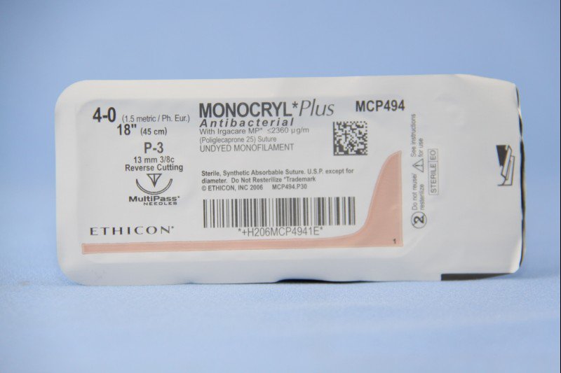 Absorbable Antibacterial Suture with Needle Monocryl Plus Poliglecaprone 25 with Irgacare MP Antibacterial Suture P-3 3/8 Circle Precision Reverse Cutting Needle Size 4-0 Monofilament 
