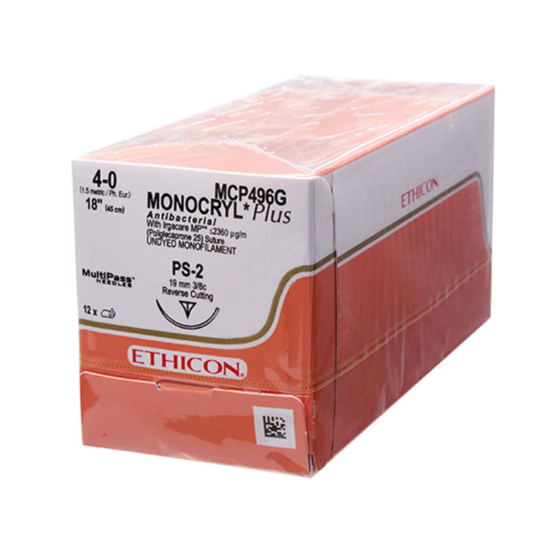 Absorbable Antibacterial Suture with Needle Monocryl Plus Poliglecaprone 25 with Irgacare MP Antibacterial Suture PS-2 3/8 Circle Precision Reverse Cutting Needle Size 4-0 Monofilament (Box of 12)