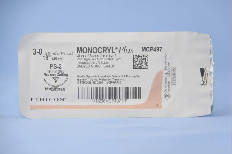 Absorbable Antibacterial Suture with Needle Monocryl Plus Poliglecaprone 25 with Irgacare MP Antibacterial Suture PS-2 3/8 Circle Precision Reverse Cutting Needle Size 3-0 Monofilament (Box of 12)