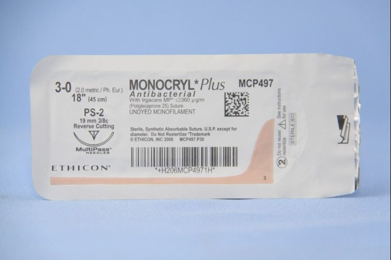 Absorbable Antibacterial Suture with Needle Monocryl Plus Poliglecaprone 25 with Irgacare MP Antibacterial Suture PS-2 3/8 Circle Precision Reverse Cutting Needle Size 3-0 Monofilament 