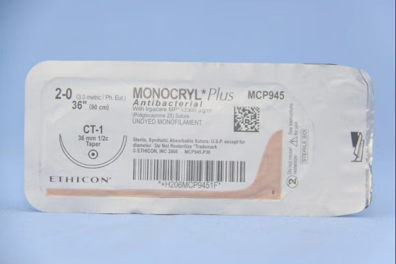 Absorbable Antibacterial Suture with Needle Monocryl Plus Poliglecaprone 25 with Irgacare MP Antibacterial Suture CT-1 1/2 Circle Taper Point Needle Size 2-0 Monofilament (Box of 36)